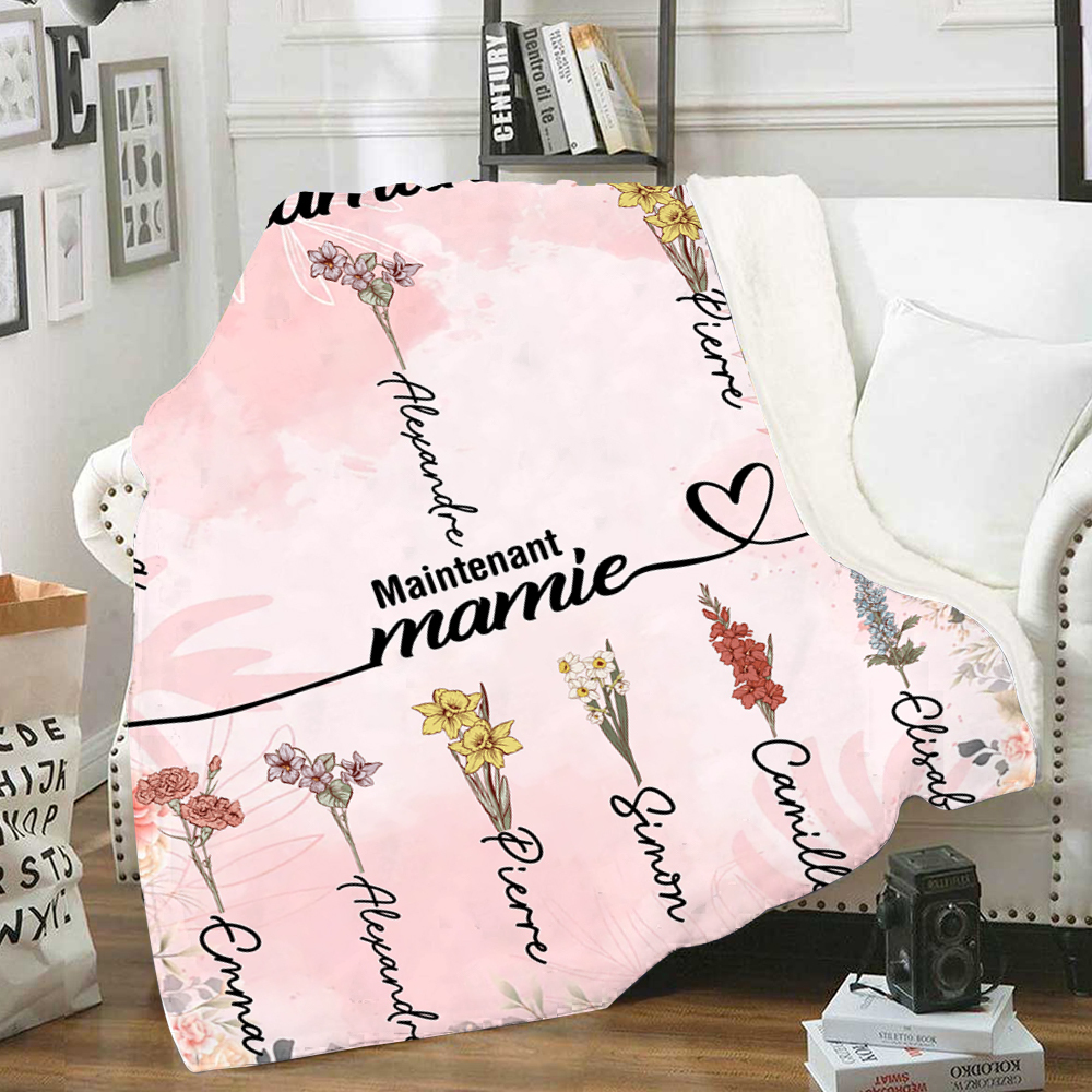 À Mamie/Maman Couverture 2-12 Prénoms Personnelisés avec fleur de naissance | Jessemade