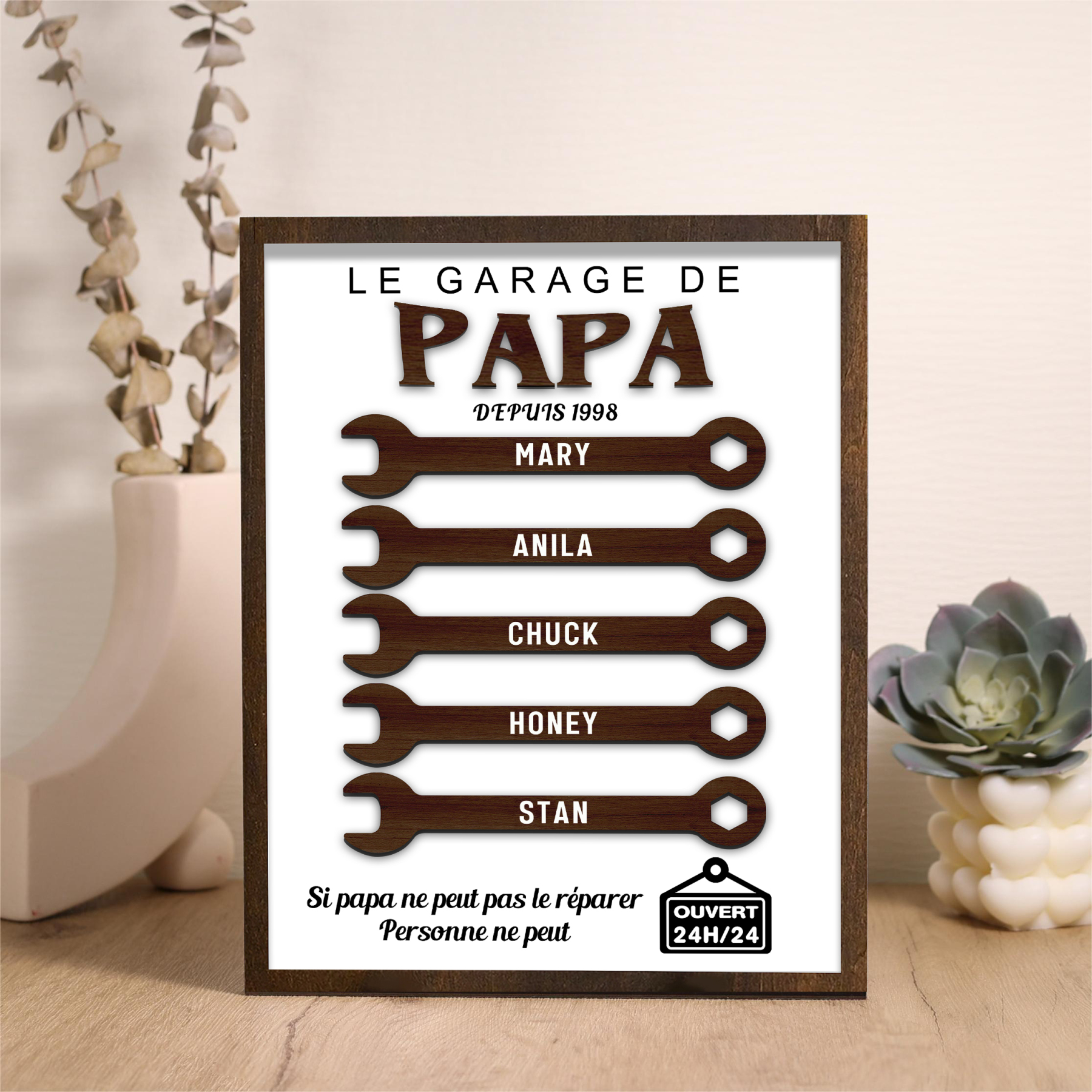 À Mon Papa-Cadre en Bois Garage 5 Prénoms Personnalisés