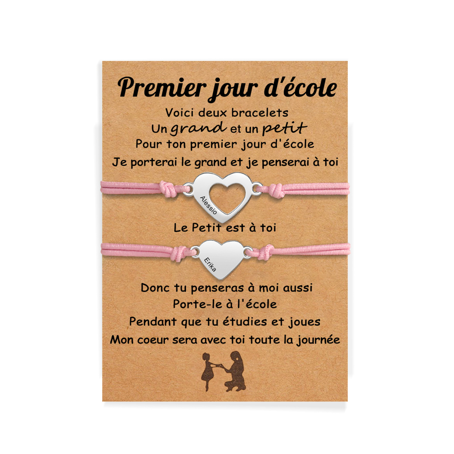 Jessemade FR 2PCS Ensemble de Bracelets Cœur 2 Prénoms Personnalisés Corde élastiques - Cadeau Rentrée Scolaire Premier jour d’école