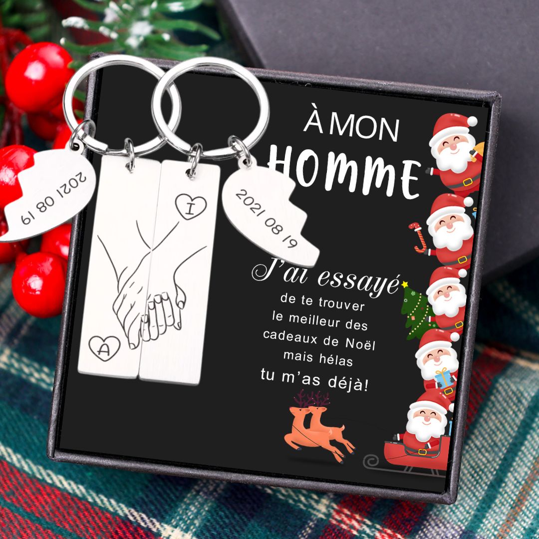 À mon Homme - Porte-Clés la main dans la main 2 Lettres Personnalisées avec Date