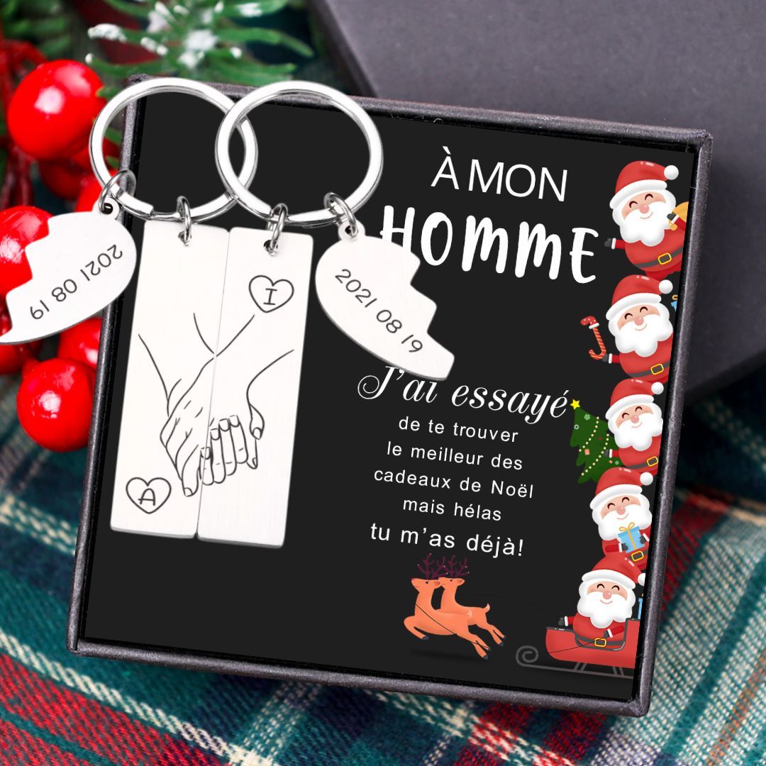 À mon Homme - Porte-Clés la main dans la main 2 Lettres Personnalisées avec Date