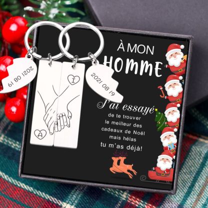 À mon Homme - Porte-Clés la main dans la main 2 Lettres Personnalisées avec Date