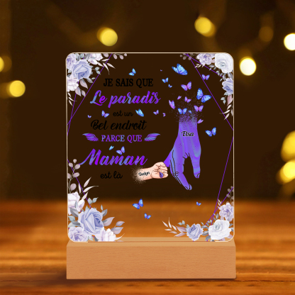 À Maman/Papa - Lampe de chevet LED Commémorative 2 Prénoms Personnalisés avec 1 Texte Lampe de chevet la main dans la main