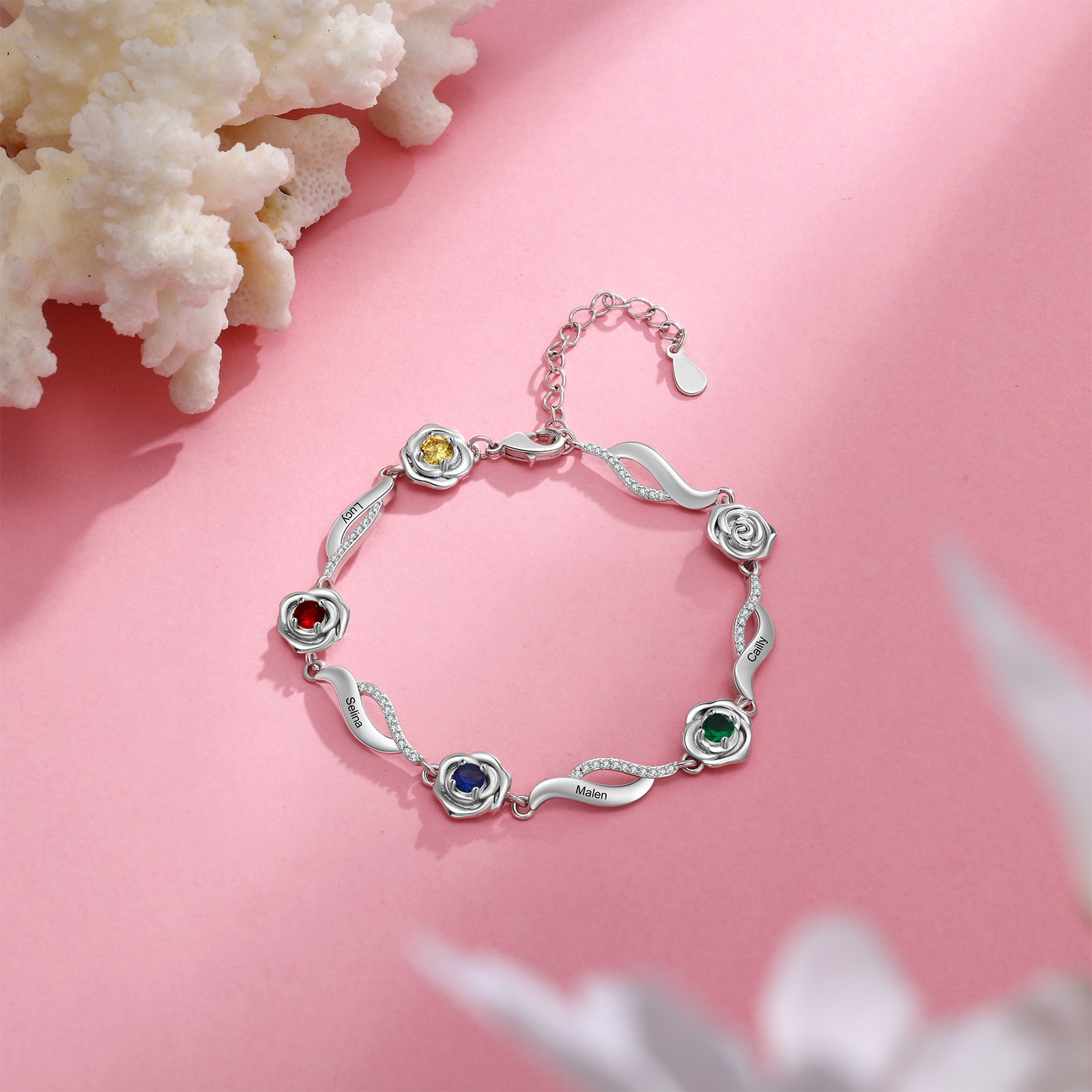 Bracelet Roses 4 Prénom Personnalisé avec 4 Pierre de Naissance