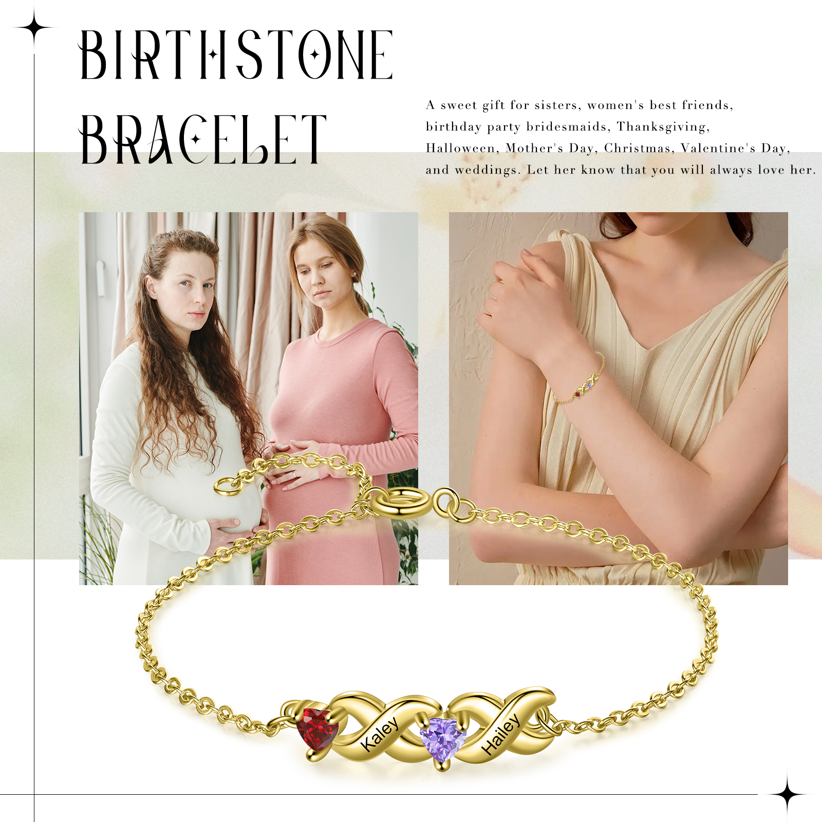 Bracelet à Breloque 2 Prénoms Personnalisé avec 2 Pierres de Naissance