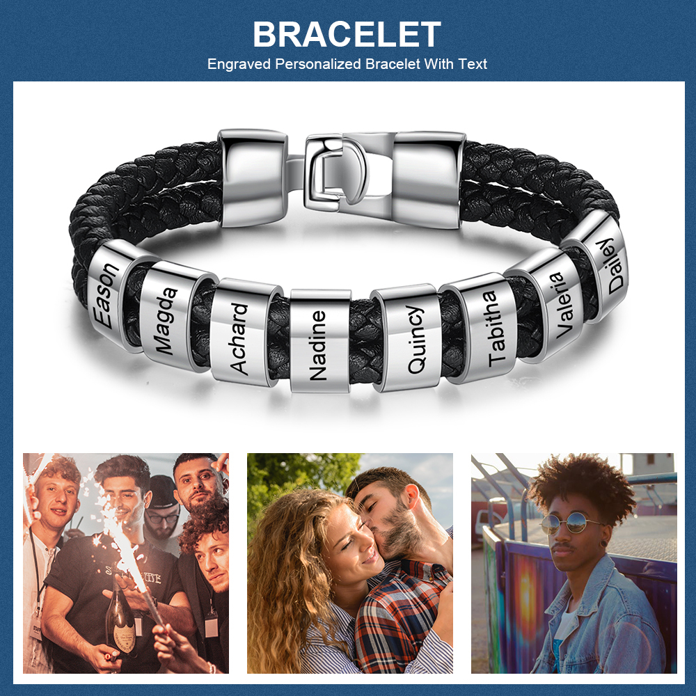 Bracelet Cuir tressé 8 Perles Prénom Personnalisé Homme