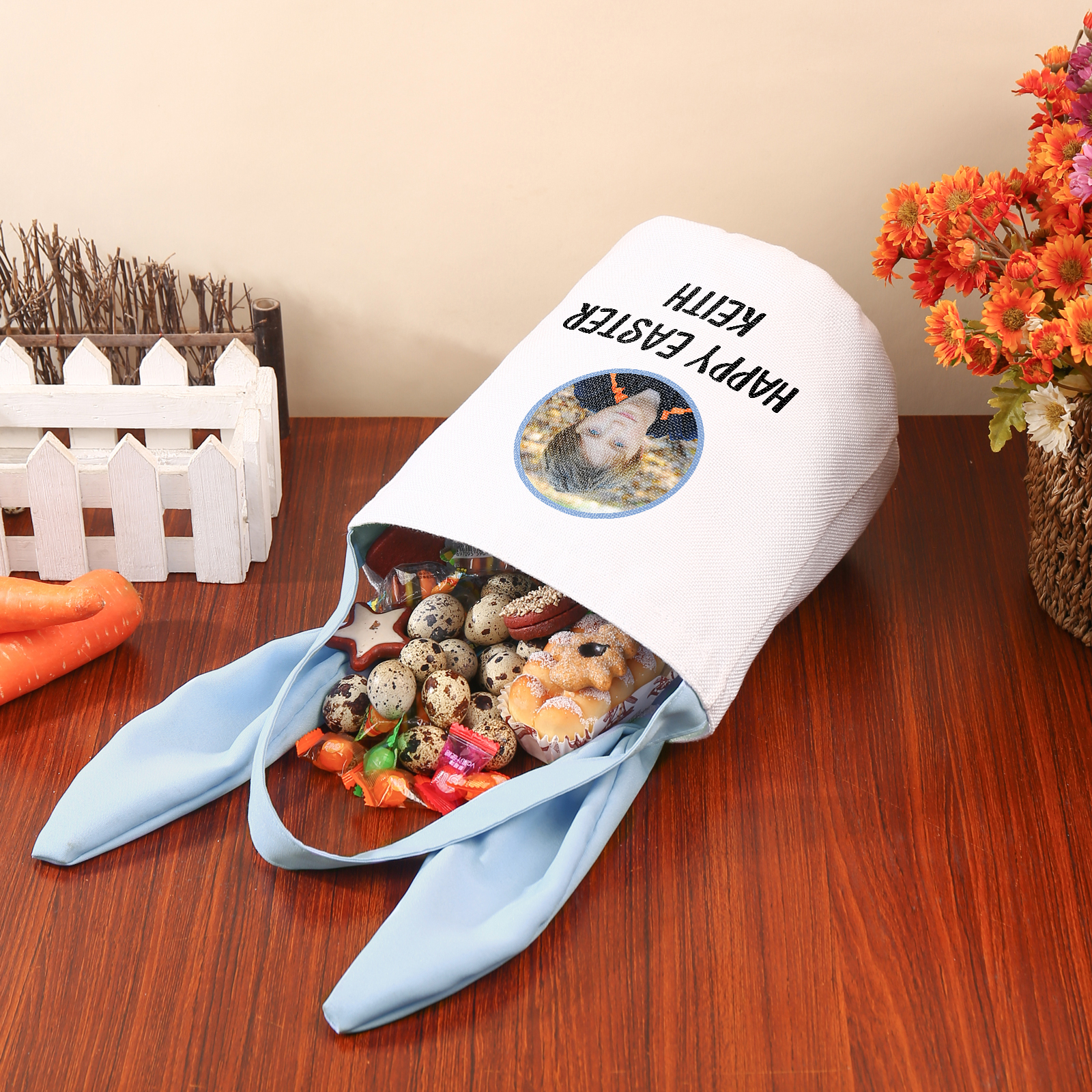 Sac de Pâques Lapin 1 Prénom et Photo Personnalisés avec Texte Tote Bag Enfant