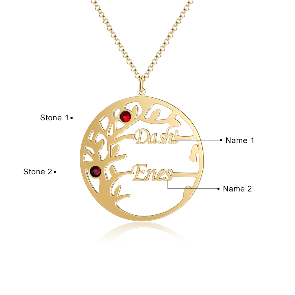 Collier Argent Arbre de vie Arbre généalogique 2 prenoms Avec Pierre De Naissance