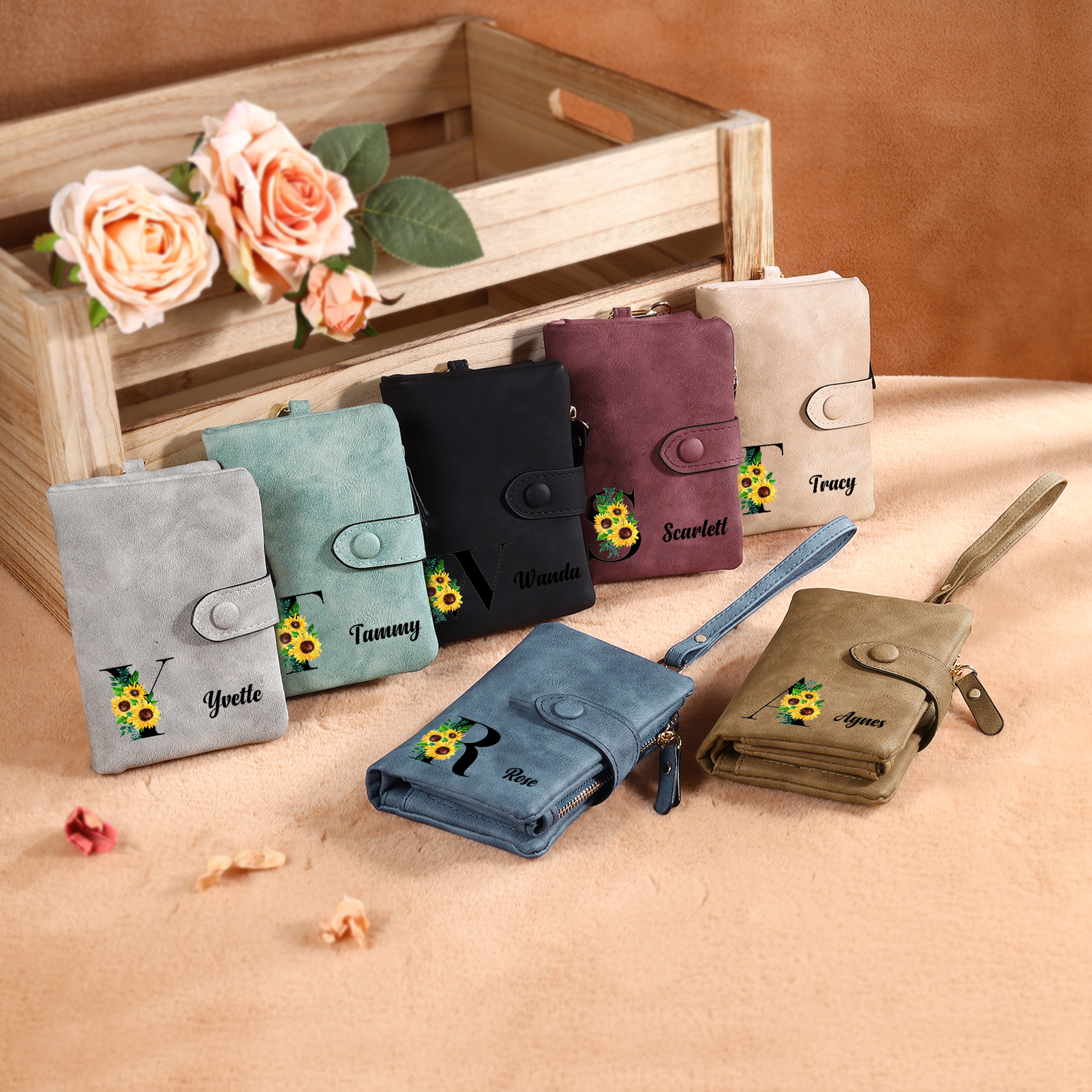 Portefeuille Fleur 1 Prénom et Lettre Personnalisés avec Photo et Texte Porte-Monnaie Carte pour Femmes