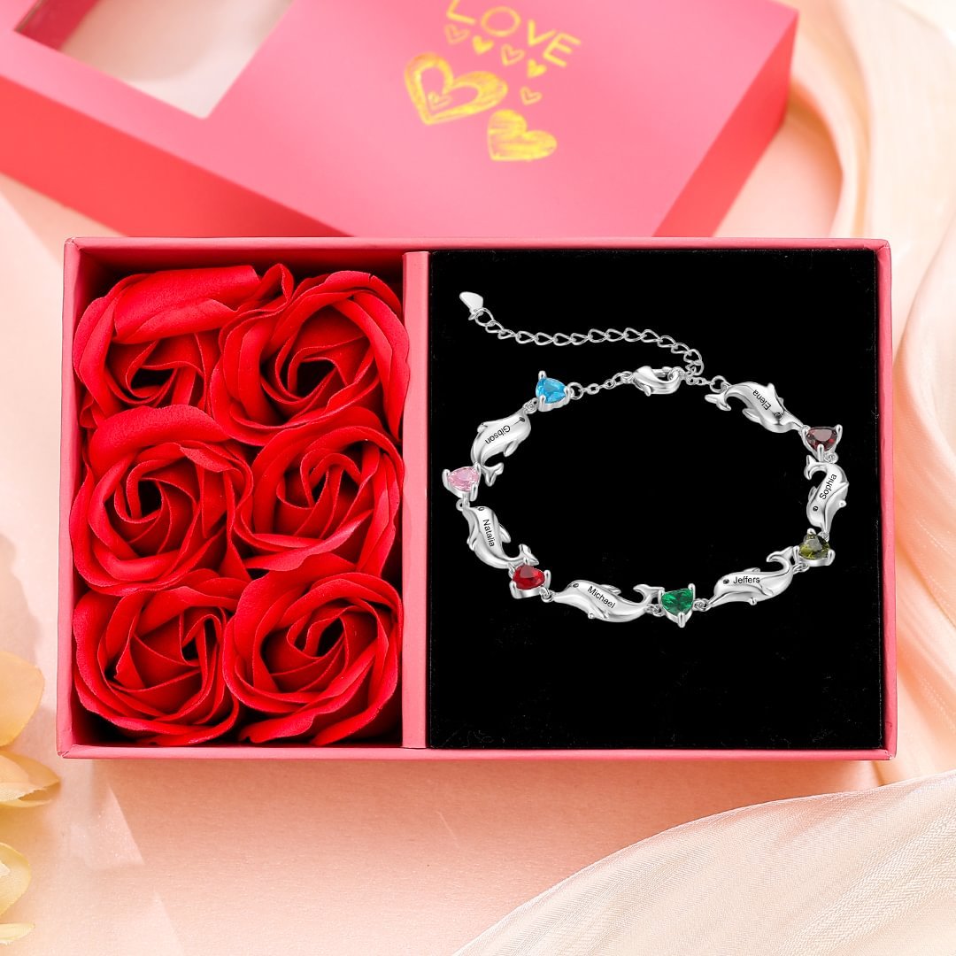 Bracelet dauphin 6 Prénoms Personnalisé avec 6 Pierres de Naissance