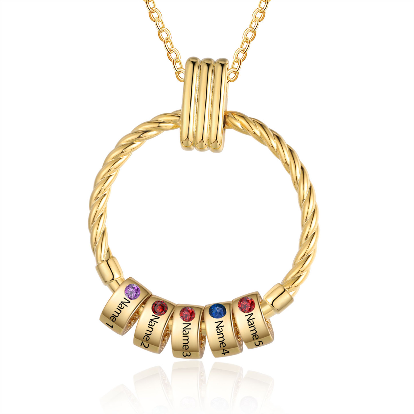 Collier Pendentif 5 Prénoms et Perles Personnalisés avec Pierres de Naissance Collier Femmes