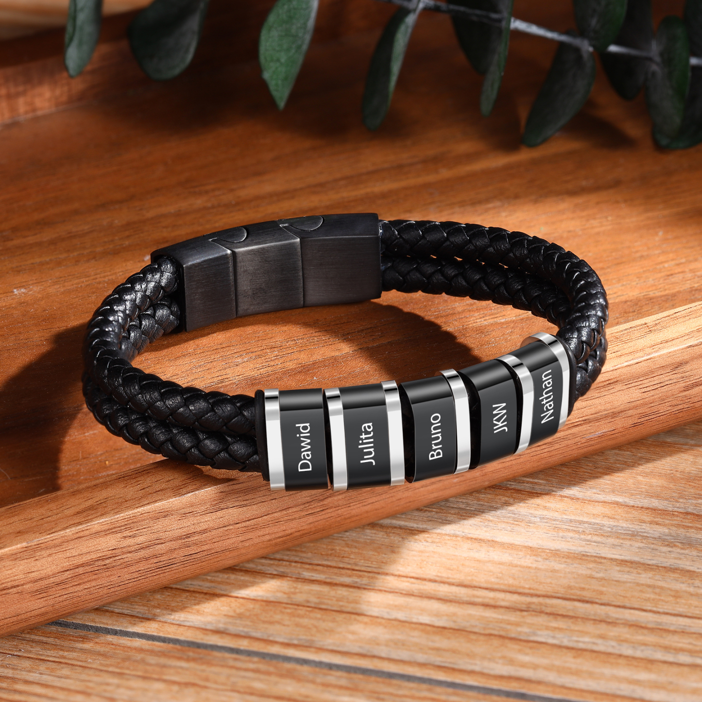 Bracelet Personnalisé en Cuir et Acier Inoxydable Personnalisé avec 5 Prénoms Bracelet Homme | Jessemade