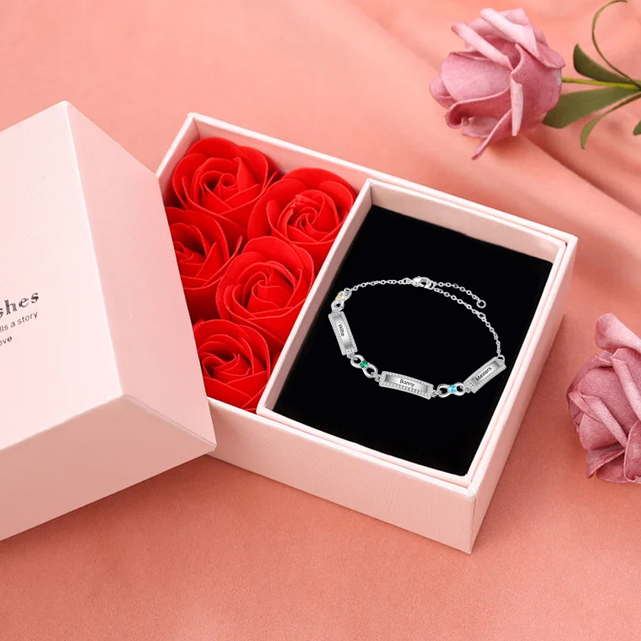 Bracelet Infini 3 Prénoms Personnalisé avec 3 Pierres de Naissance