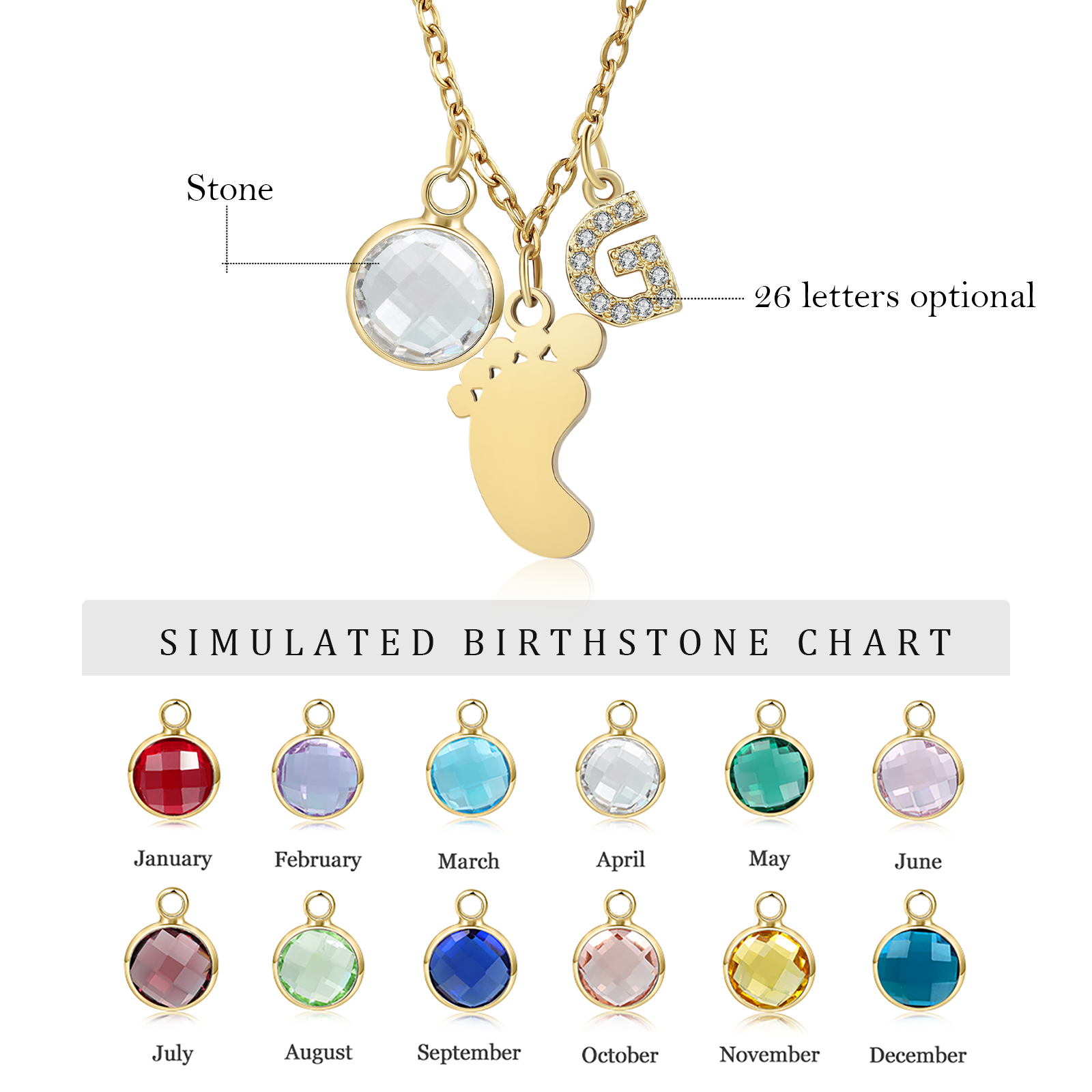 Collier Enfants Bébé Collier Pieds de Bébé 1 Pierre de Naissance et 1 Lettre pour Fille Filleule