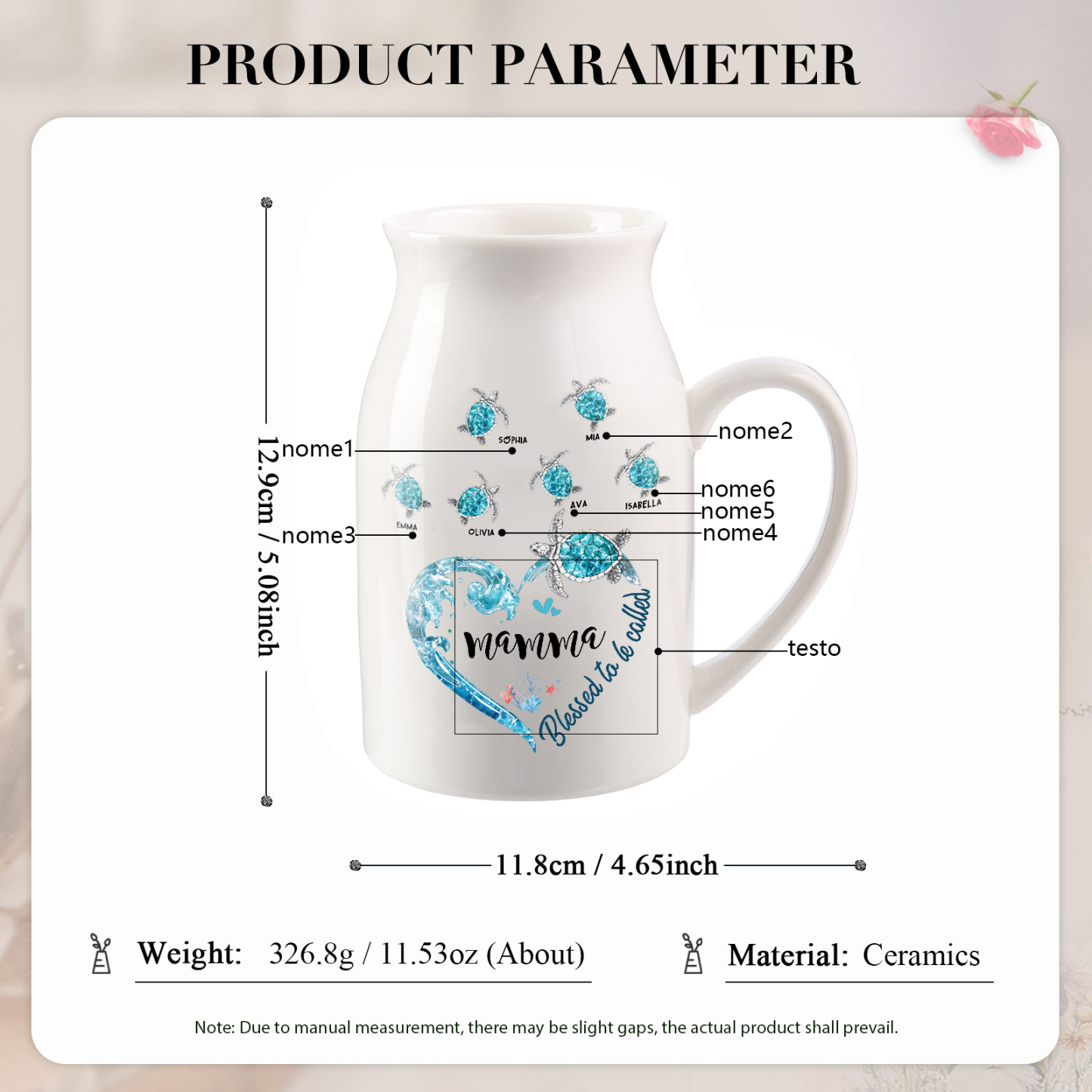 Vase à Fleurs Tortue de Mer 6 Prénoms Personnalisés avec 1 Texte Décoration de la Maison