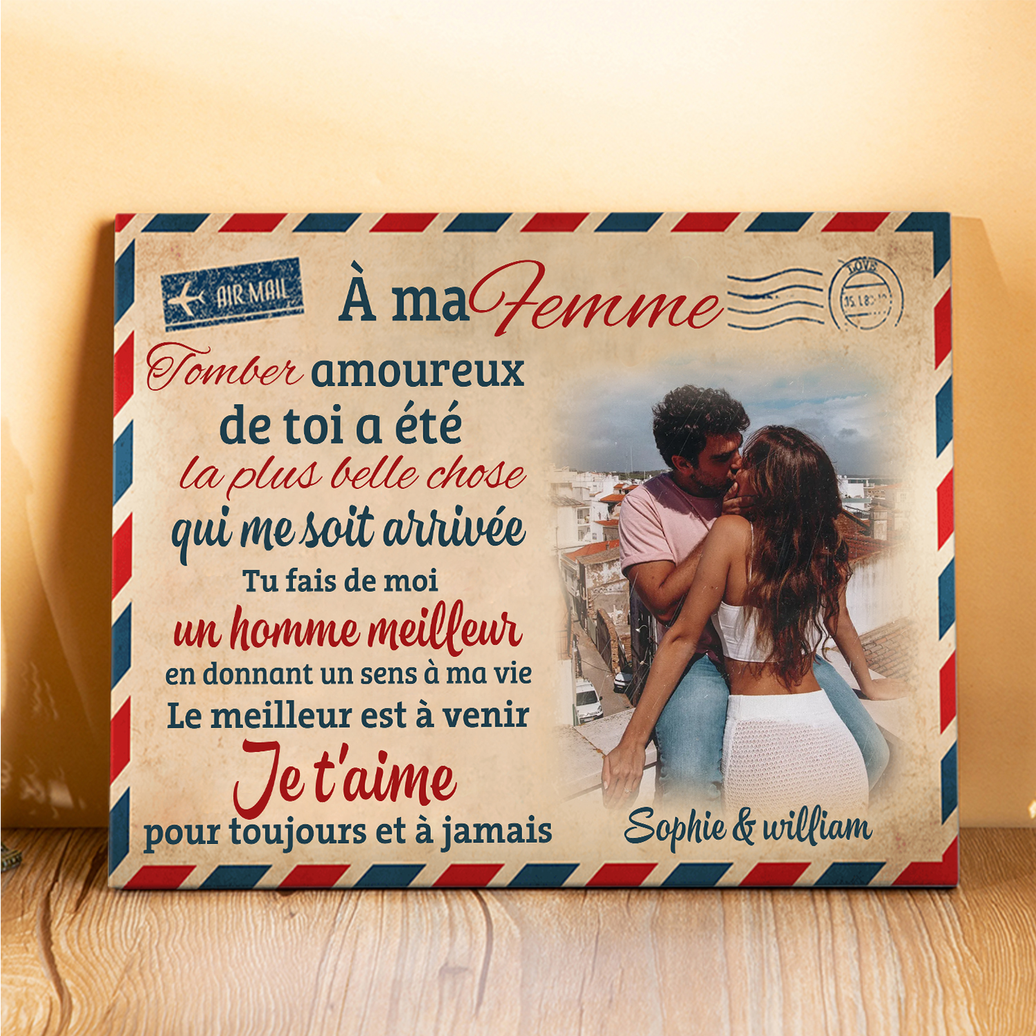 Cadre en Bois 2 Prénoms Personnalisés avec Photo pour Couple Cadeau Saint Valentin