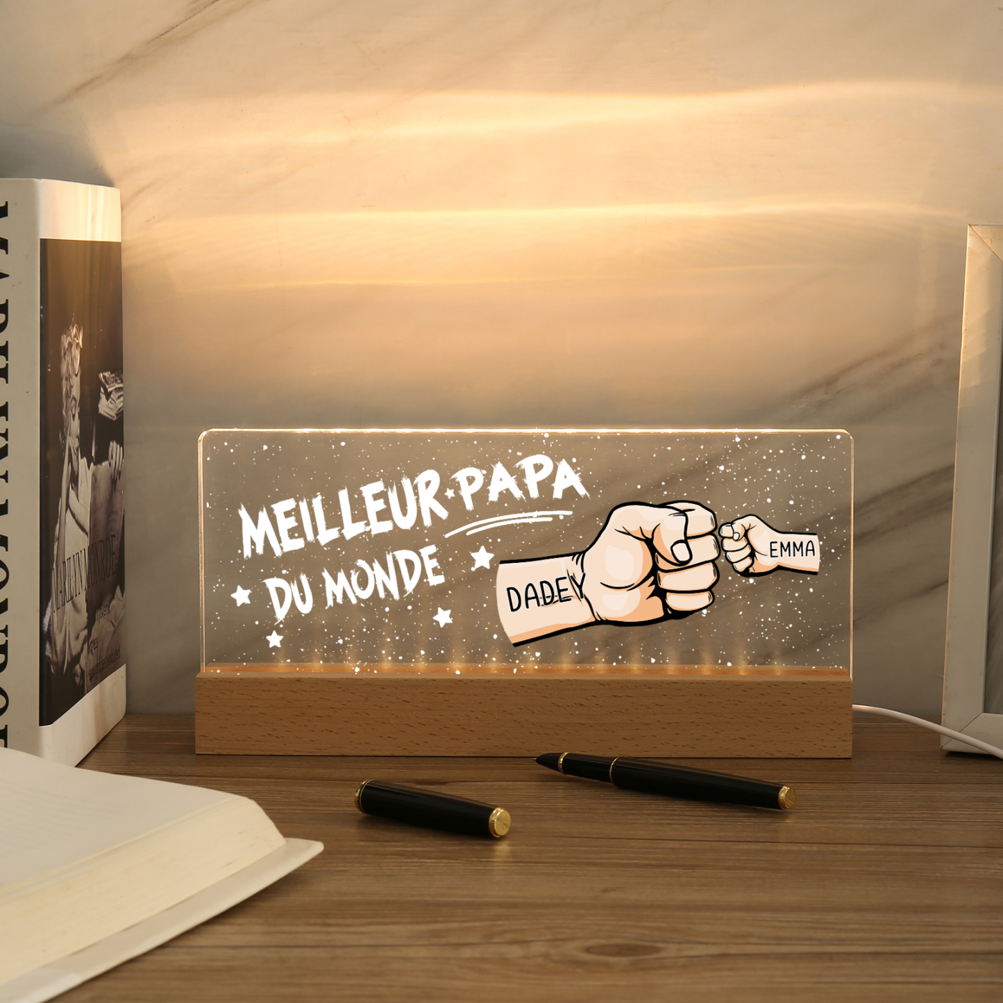 À mon Papa- Lampe de chevet LED Poings 2 Prénoms Personnalisés