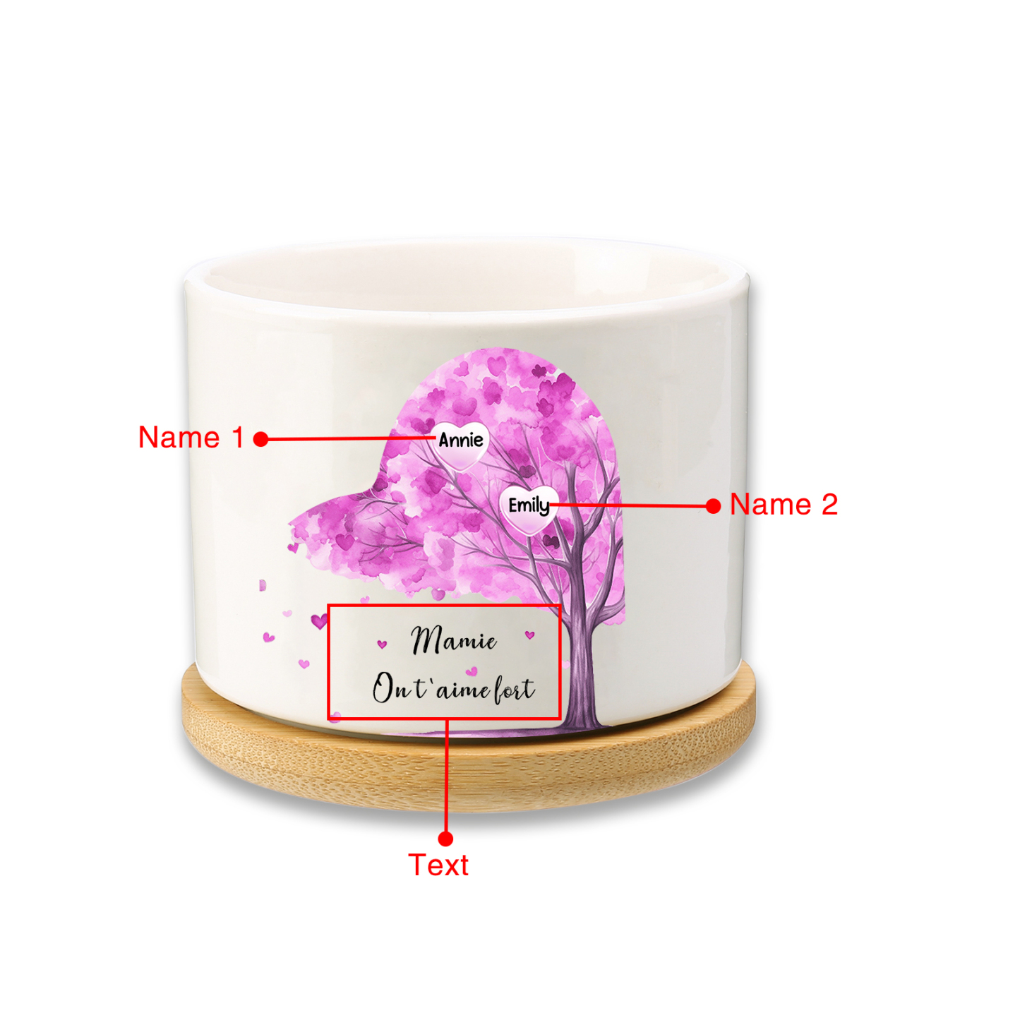 Vase/Pot de Fleurs Arbre 2 Prénoms et 1 Texte Personnalisés Décoration de la Maison (sans plantes)