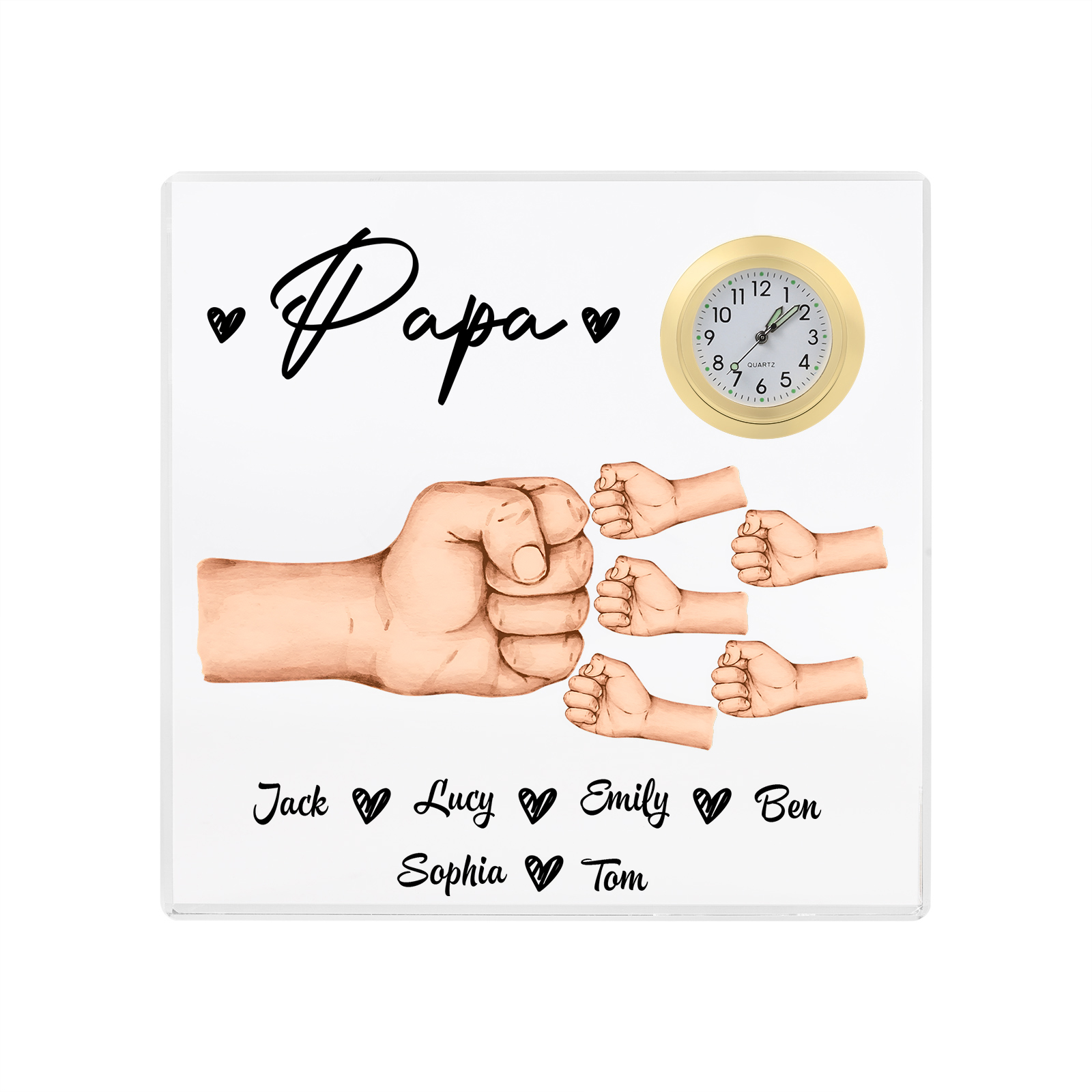 À Papa/Papi - Plaque Acrylique Poings Carré avec Horloge 6 Prénoms et 1 Texte Personnalisés