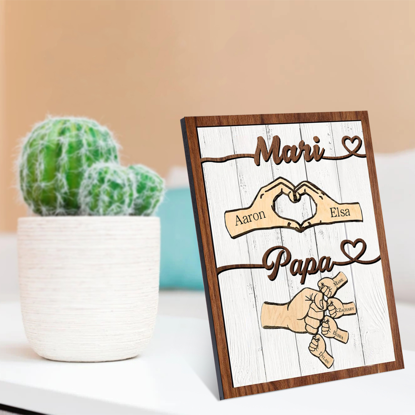 À mon Papa/Mari-Cadre en Bois Mains et Poings 6 Prénoms Personnalisés