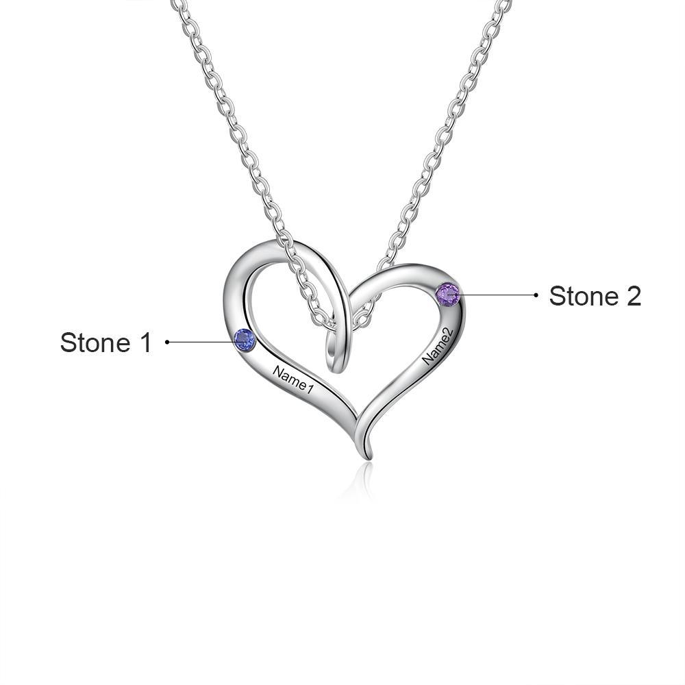 Collier Cœur 2 Prénom Personnalisé Pendentif avec 2 Pierres de Naissance