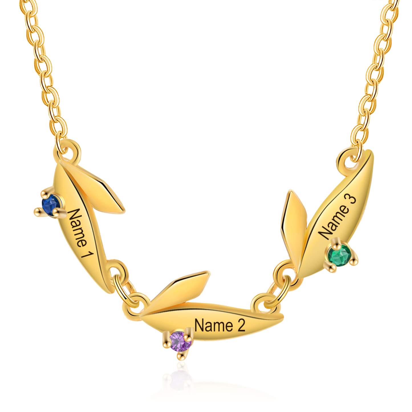 Collier Feuille 3 Prénoms Personnalisés avec Pierre de naissance Collier Femmes