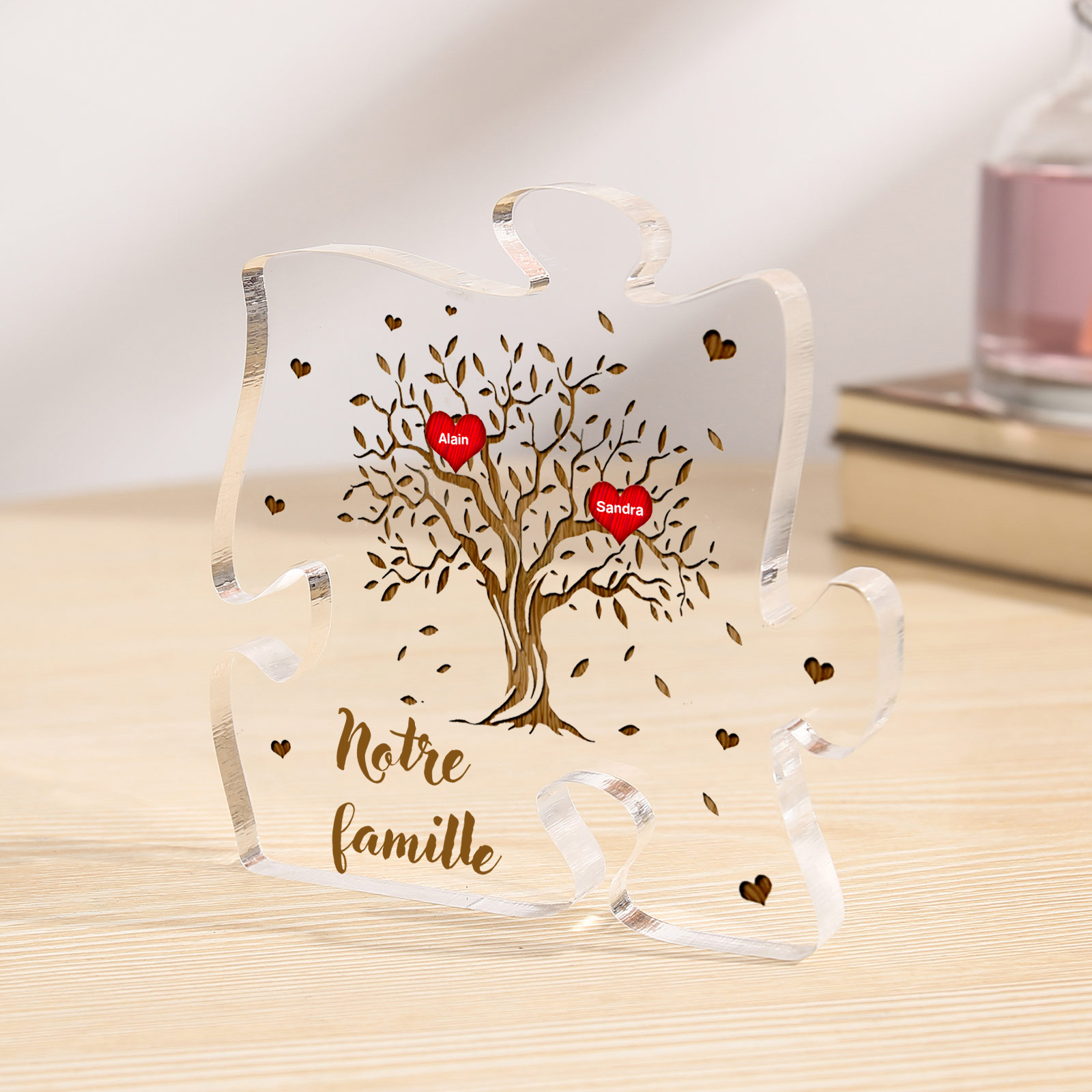 Plaque Acrylique en forme de Puzzle Arbre de Vie 2 Prénoms et Texte Personnalisés