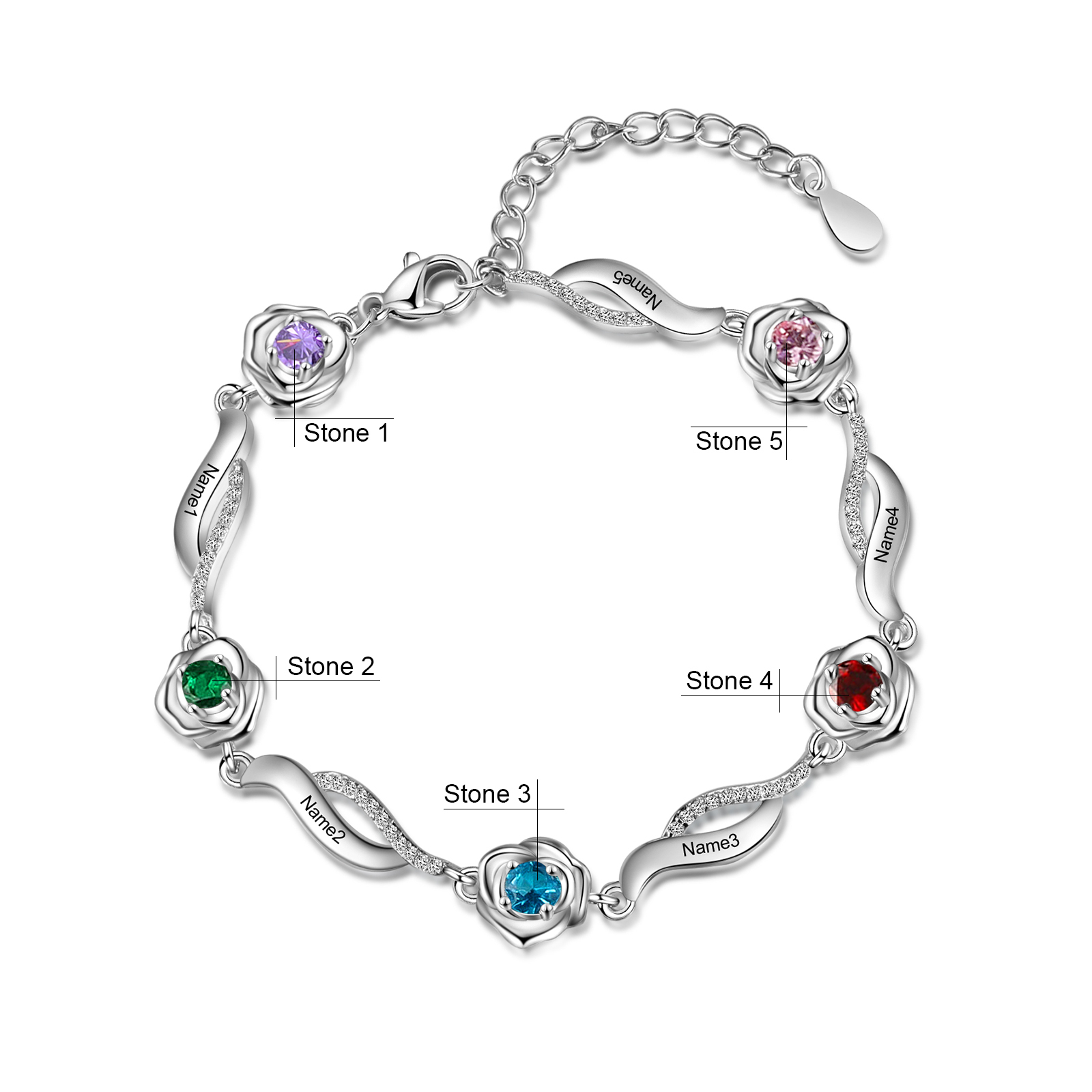 Bracelet Roses 5 Prénom Personnalisé avec 5 Pierre de Naissance