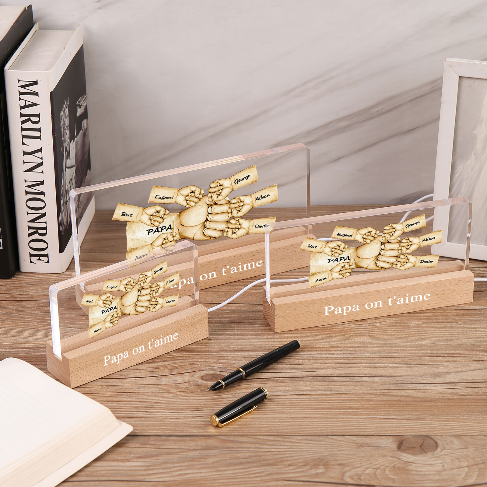 À mon Papa/Papi- Lampe de chevet LED Poings 7 Prénoms Personnalisés avec Texte