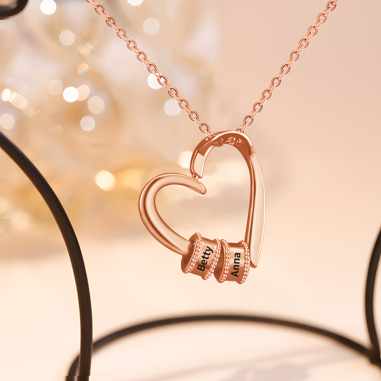 Collier Pendentif Cœur 2 Prénoms et Perles Personnalisés Collier Femmes