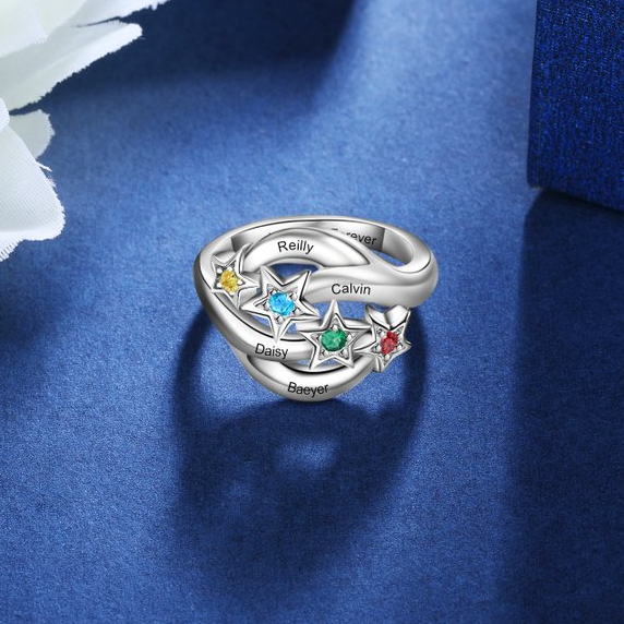 Bague étoilé 4 Prénom Personnalisé avec 4 Pierre de Naissance et texte en Argent 925