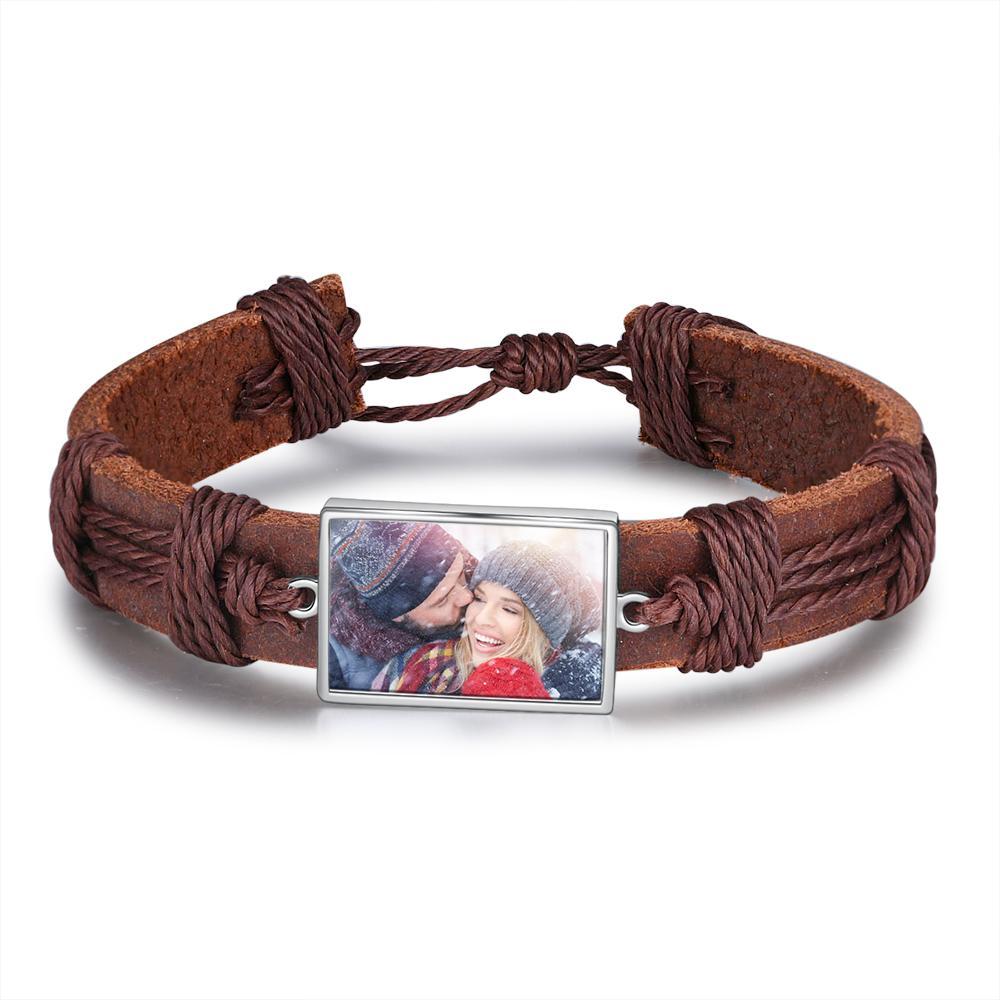 Bracelet Photo Personnalisée Cuir Tressé pour Couple Noeud Coulissant