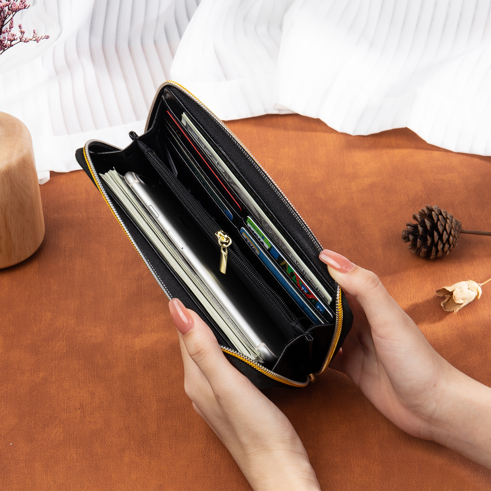 Portefeuille long en cuir PU tournesol 1 Prénom personnalisé avec 4 photo