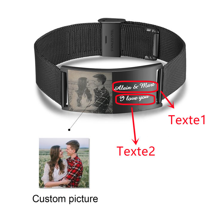 Bracelet Personnalisé 2 texte avec photo en Acier inoxydable