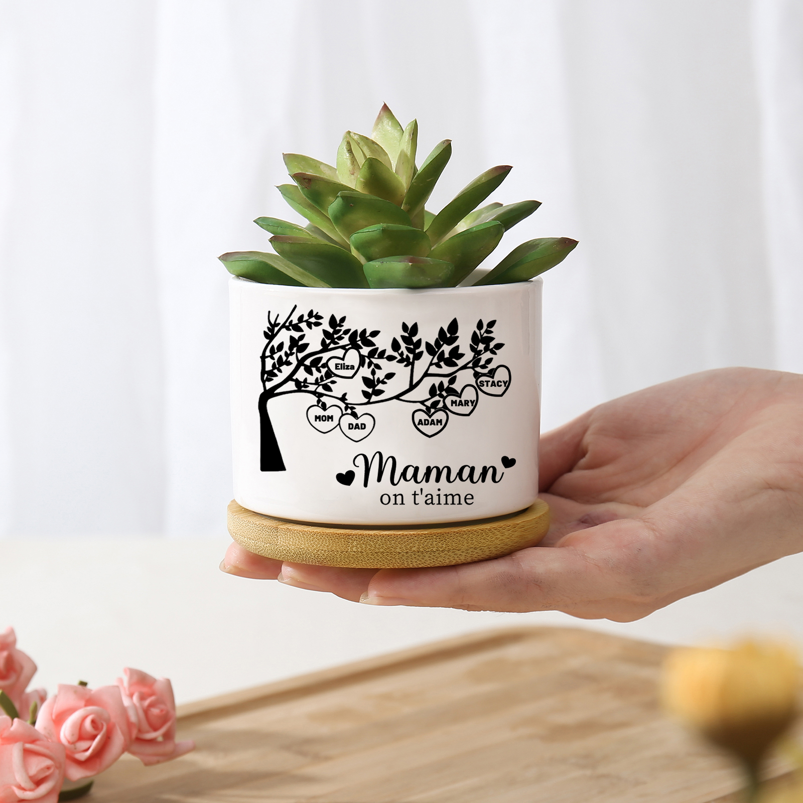 Vase/Pot de Fleurs Arbre de vie 6 Prénoms Personnalisés avec Texte Décoration de la Maison (sans plantes)