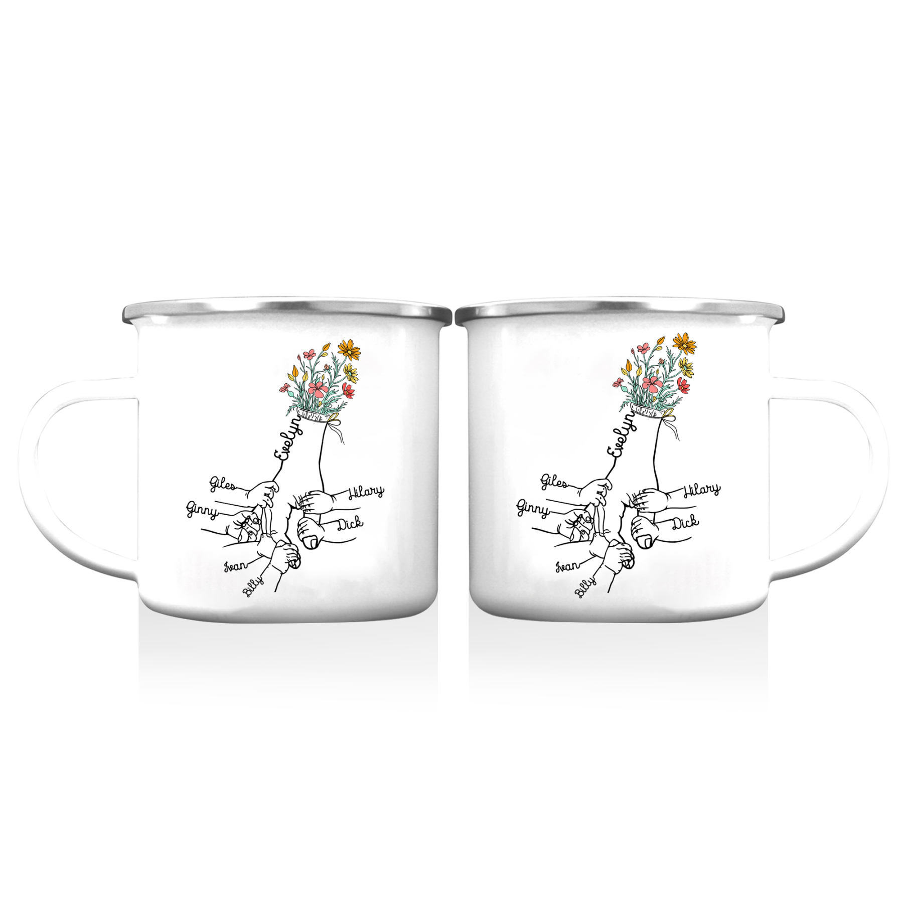 À Maman/Mamie - Tasse émaillée la Main dans la Main 7 Prénoms Personnalisés
