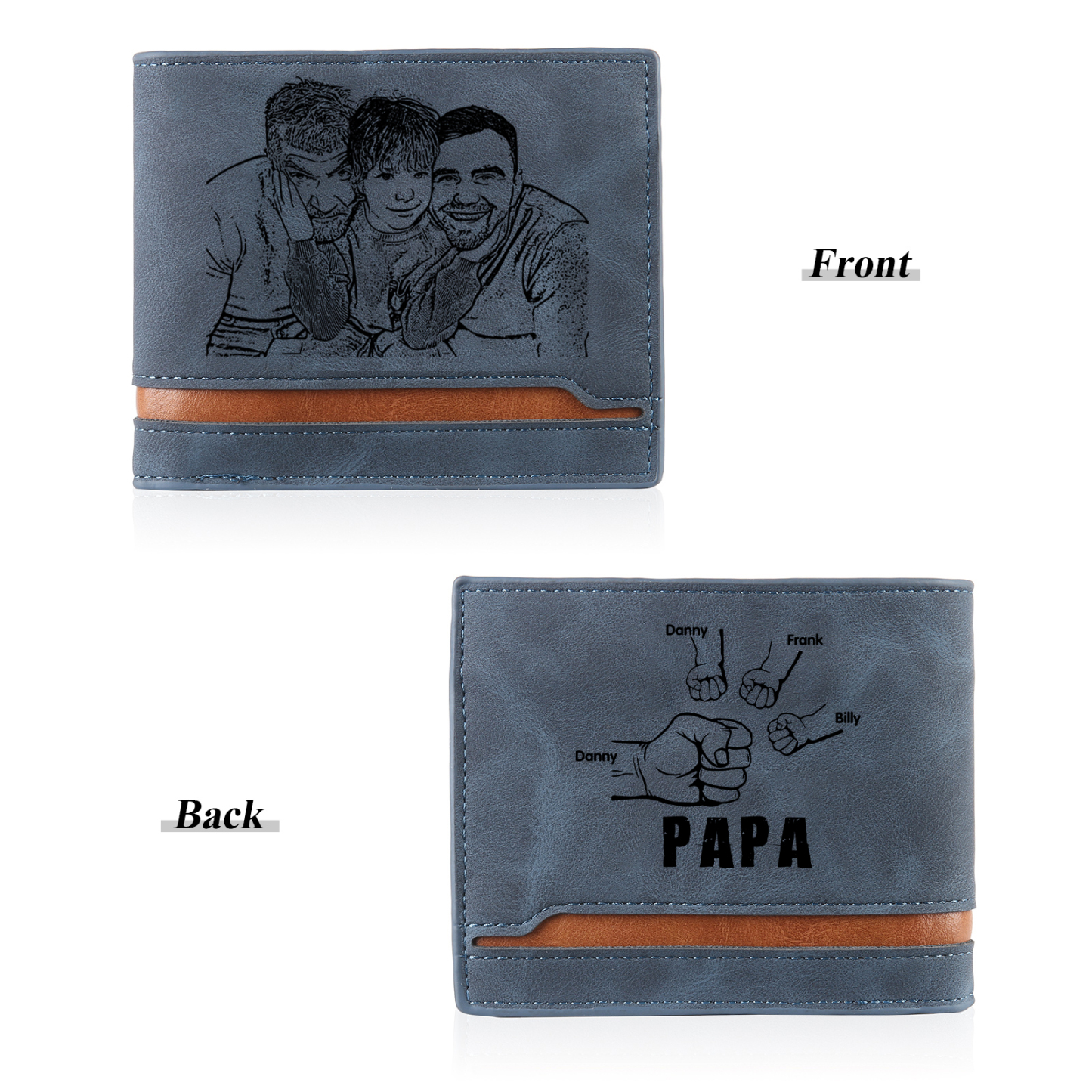 À mon Papa - Portefeuille Poings 4 Prénoms Personnalisés avec Photo Classique Homme Porte-Monnaie Carte