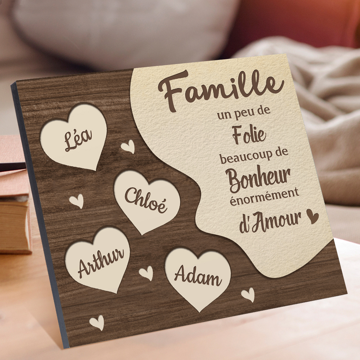 Cadre en Bois Cœur 4 Prénoms Personnalisés pour Famille