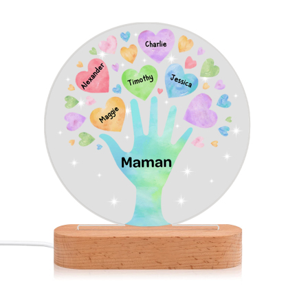 À Maman/Mamie - Lampe de chevet LED Lumières Cœur 5 Prénoms Personnalisés avec 1 Texte pour Famille