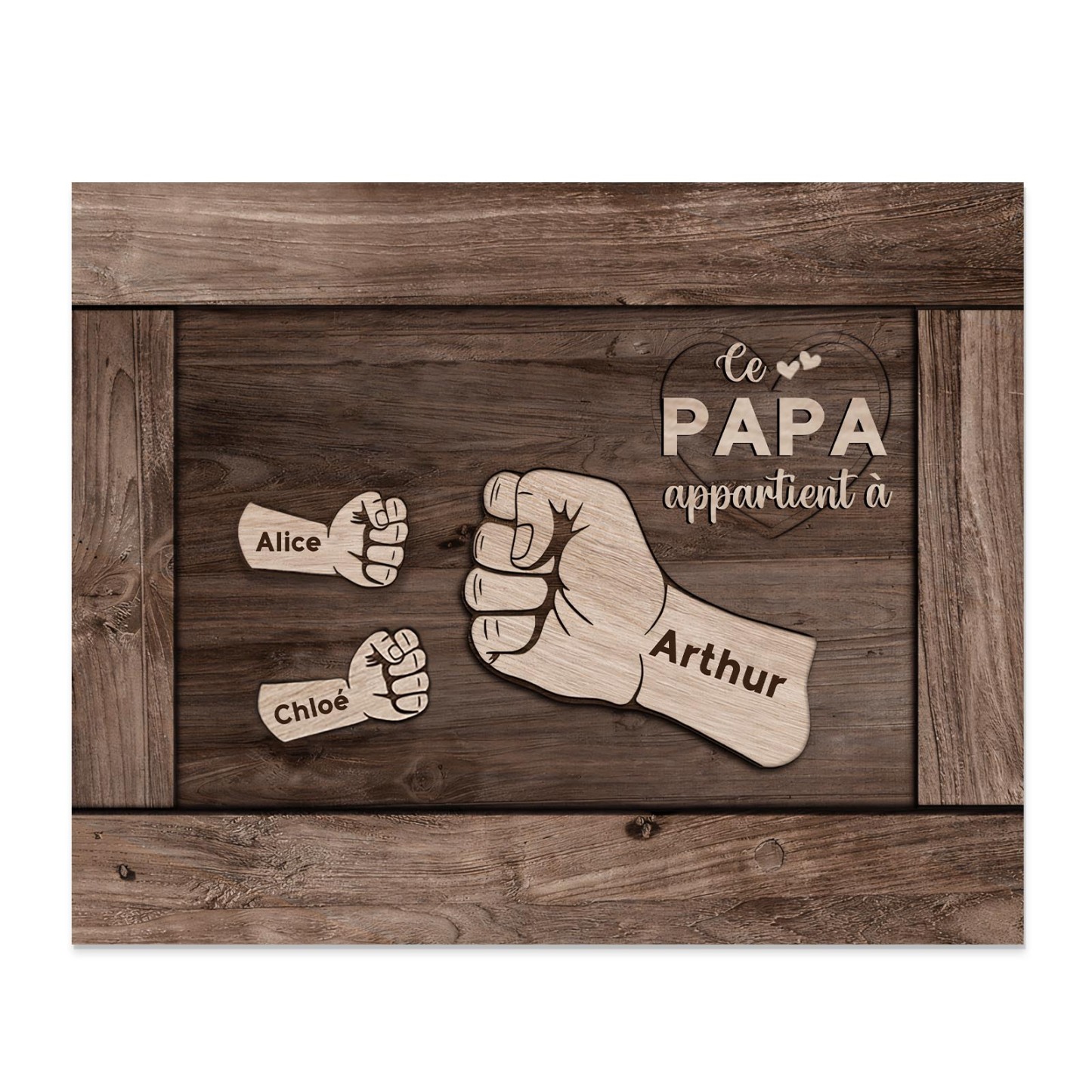 À Mon Papa/Papy-Cadre Imprimé en Bois Poings 3 Prénoms Personnalisés avec Texte