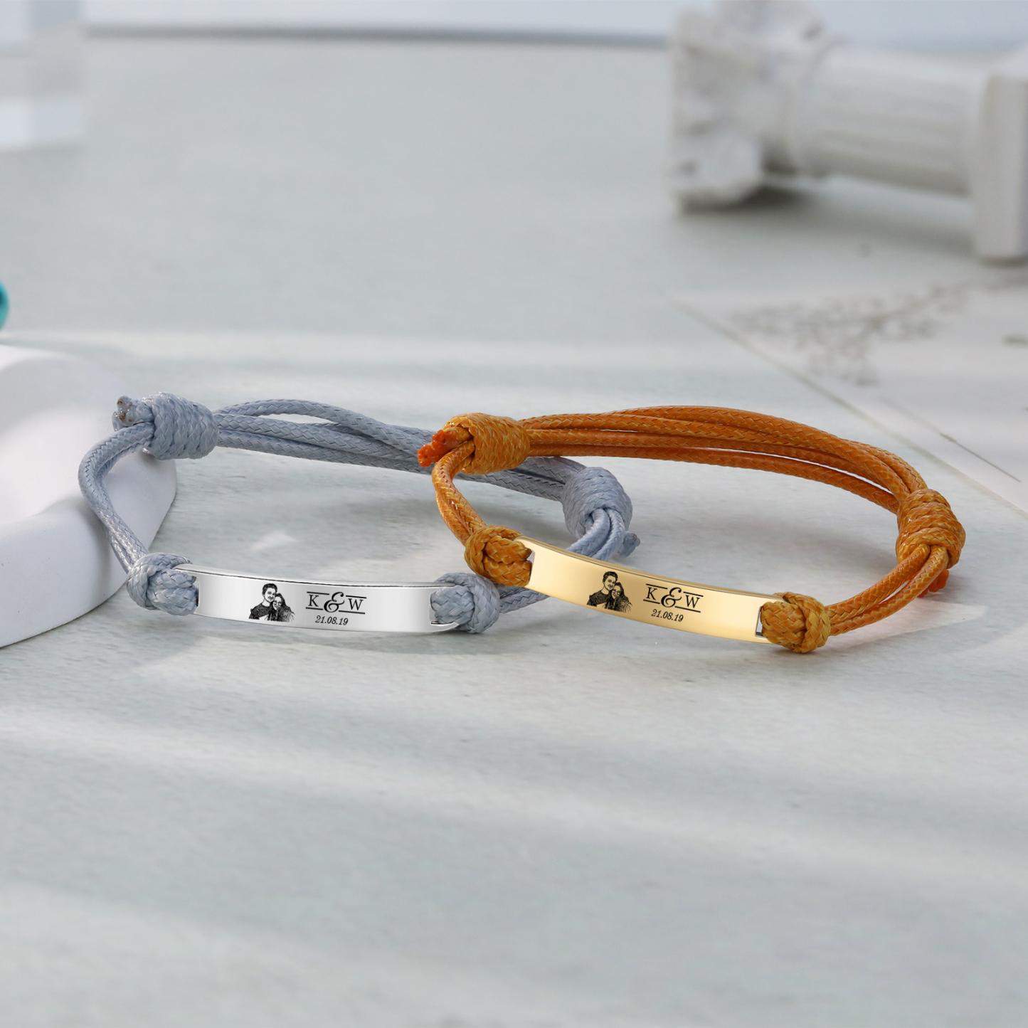 Bracelet Initiale 2 Lettres Personnalisées avec Photo et Date pour Couple｜Jessemade
