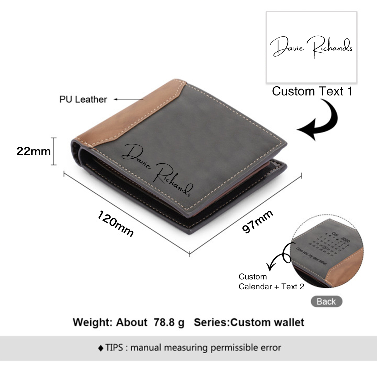 Coffret Cadeau 3PCS - Portefeuille classique Porte-Clés et Stylo 3 Textes Personnalisés avec 1 Photo et Date Coffret Cadeau pour Homme