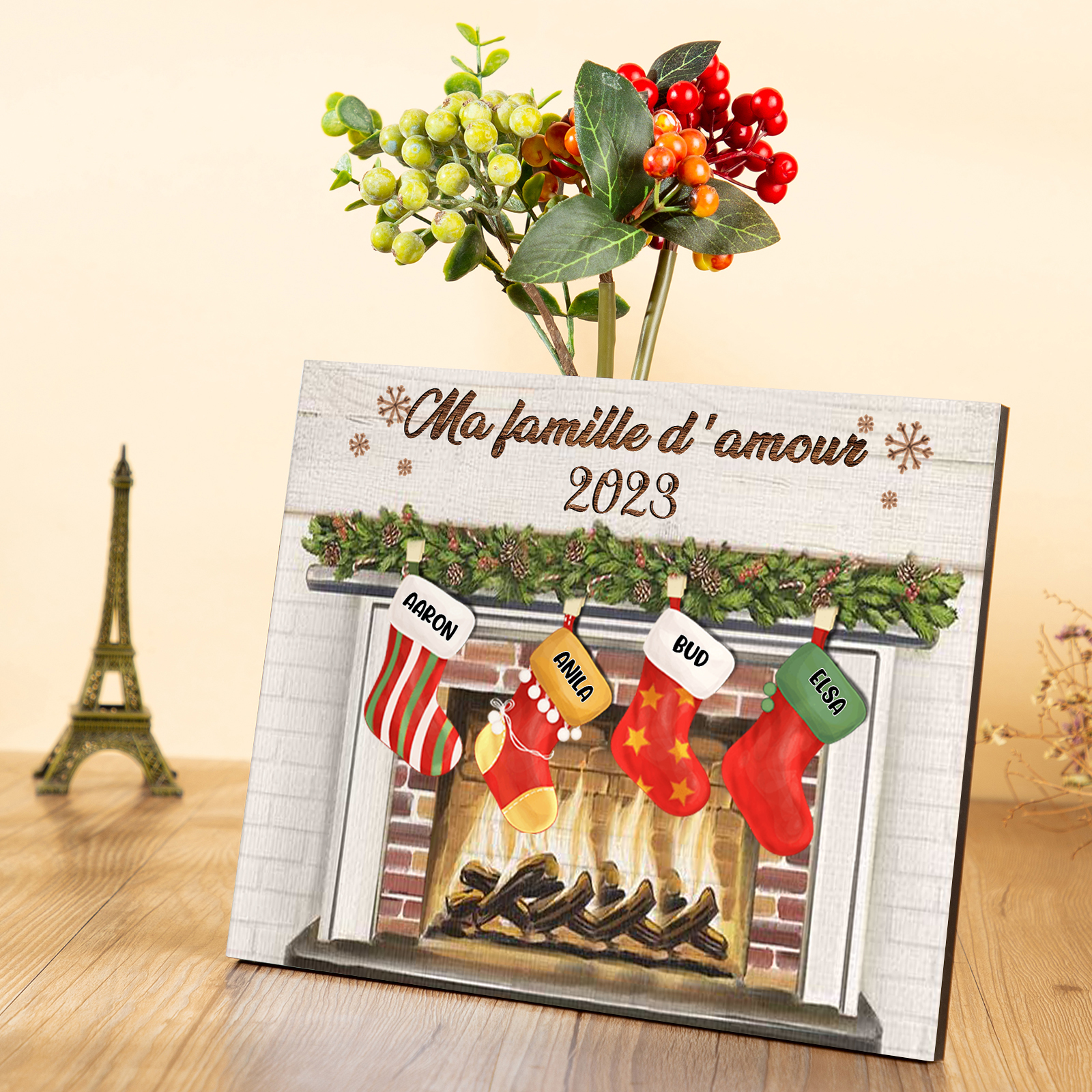 À ma Famille - Cadre en Bois de Noël 4 Prénoms Personnalisés avec Texte | Jessemade