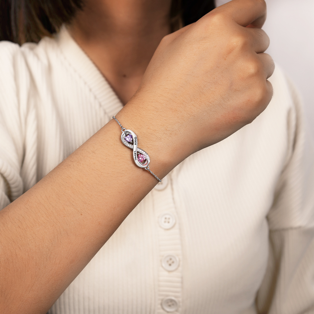 Bracelet à Breloque Infini Prénom Personnalisé avec 2 Pierre de Naissance