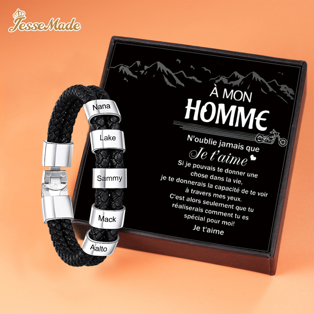 Bracelet Cuir tressé 5 Perles Prénom Personnalisé Bracelet Homme