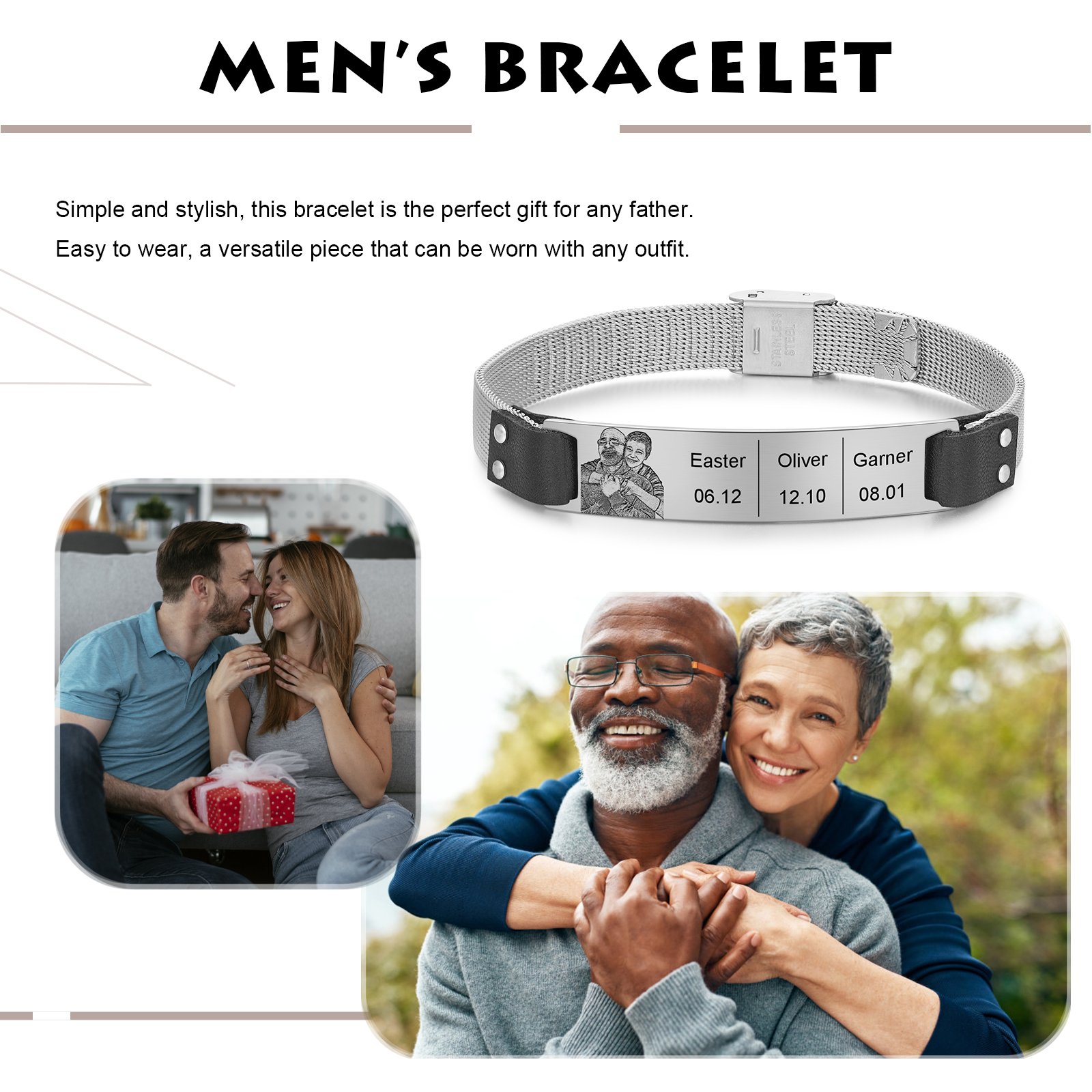 Bracelet Photo Personnalisé avec 3 Prénoms et Dates pour Homme｜Jessemade