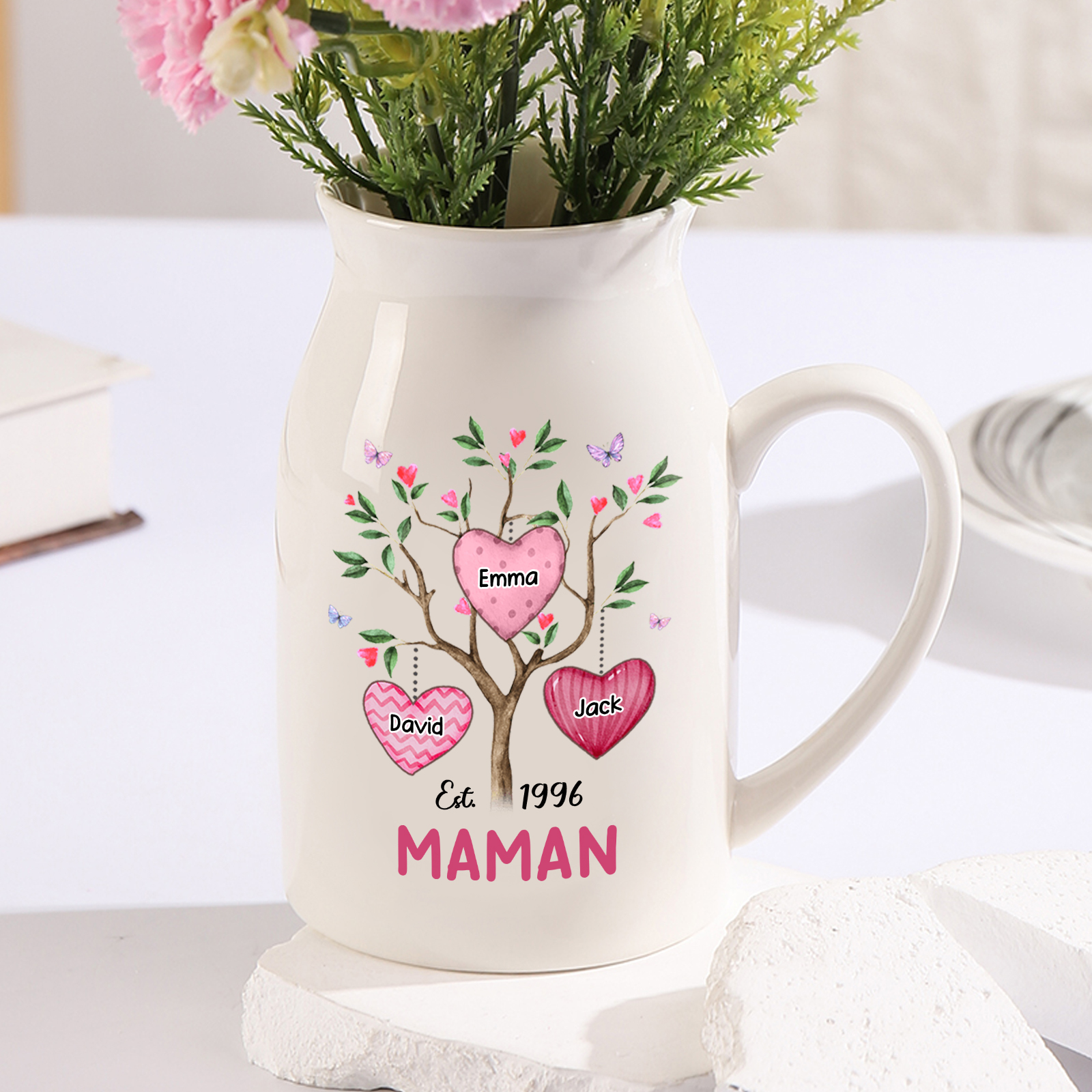 Vase à Fleurs Arbre 3 Prénoms Personnalisés avec Texte et Année Décoration de la Maison