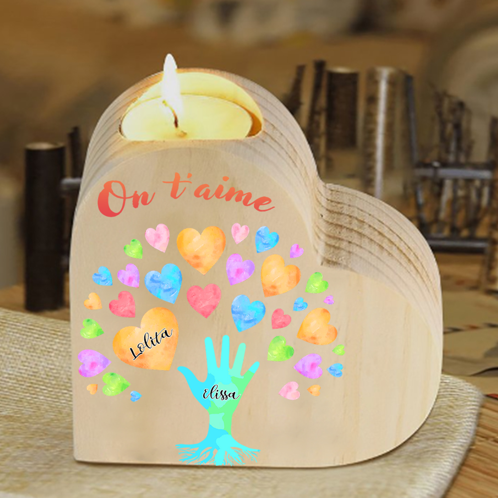 Bougeoir en Bois 2 Prénoms Personnalisés avec Texte sans bougie pour Famille