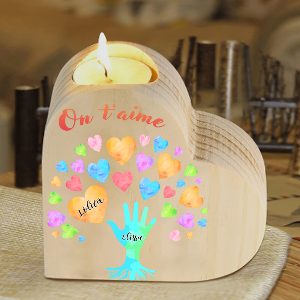Bougeoir en Bois 2 Prénoms Personnalisés avec Texte sans bougie pour Famille