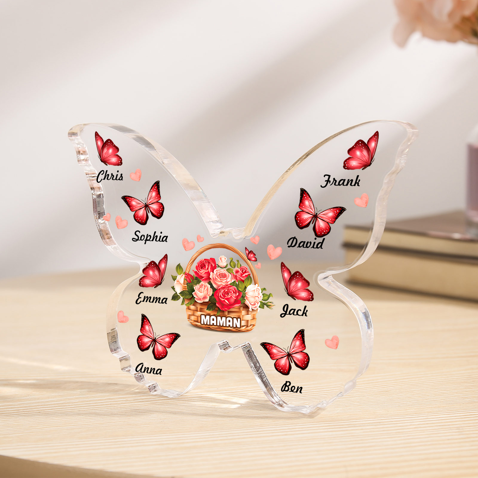 À Maman/Mamie - Plaque Acrylique en forme de Papillon 8 Prénoms et 1 Texte Personnalisés Decoration Fleurs et Papillons